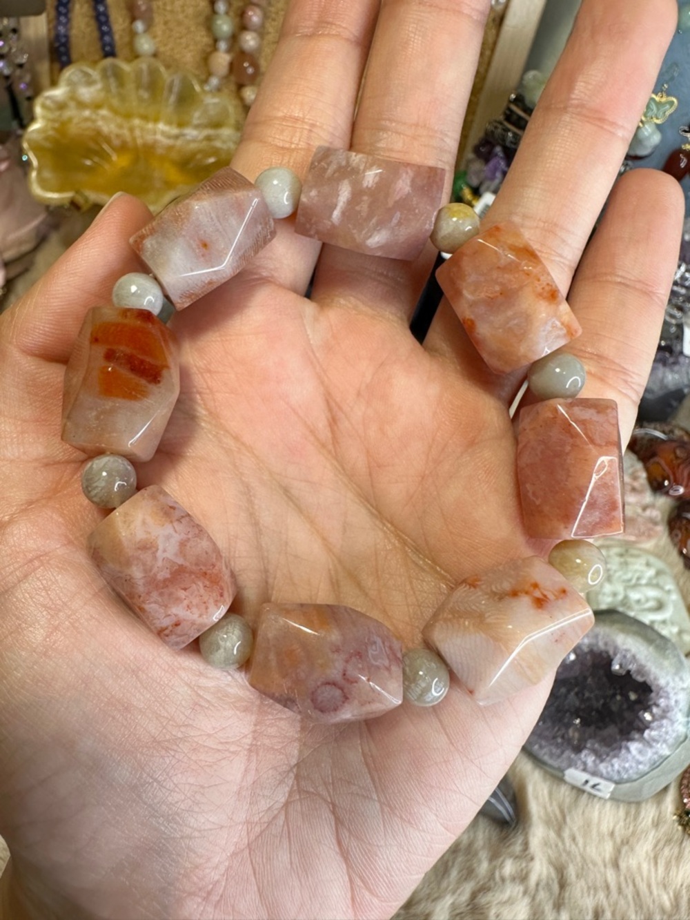 Faceted Peach Pink Coral Jade Stone Bracelet 6.5 inch 12×18mm